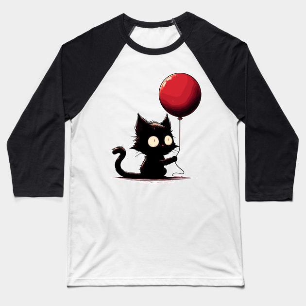 Confused black cat holding red balloon Baseball T-Shirt by TomFrontierArt